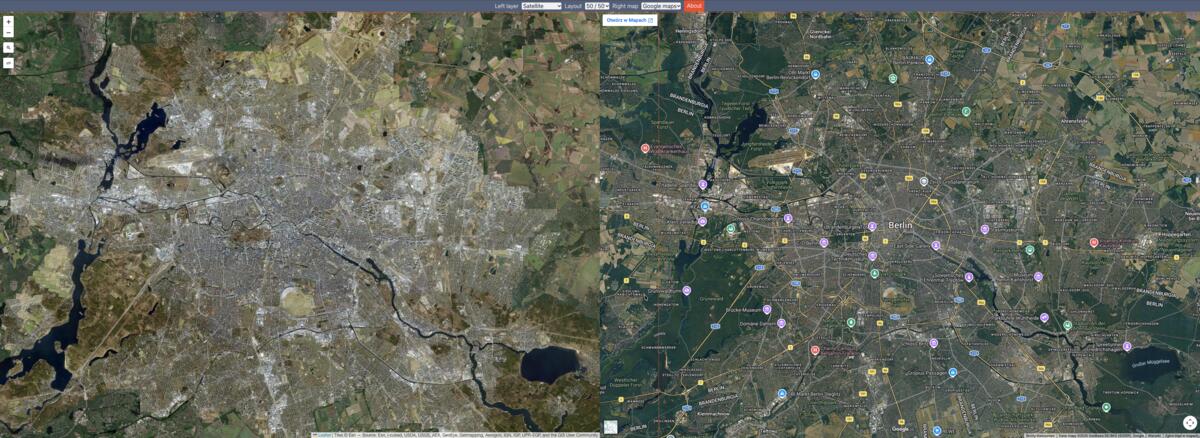 Satellite imagery shown beside another synchronized map view in Dualmaps