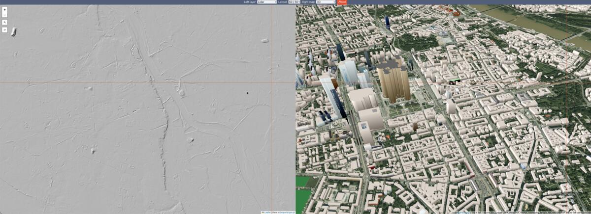 Dualmaps screenshot showing synchronized map panels for terrain and 3D comparisons