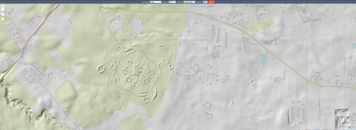 Geoportal LIDAR shaded-relief map blended with the OpenTopoMap topographic layer near Gdańsk