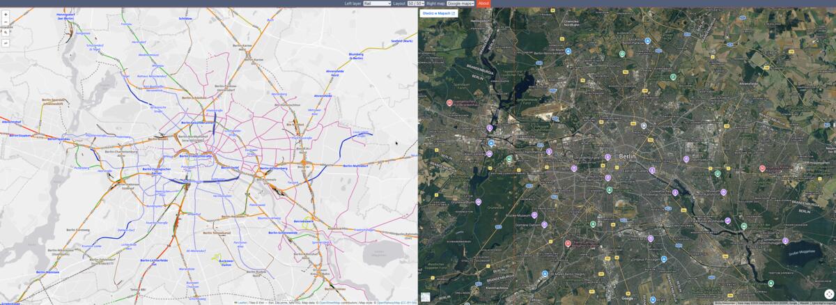 Dualmaps example of synchronized map views, ready for a railway layer comparison